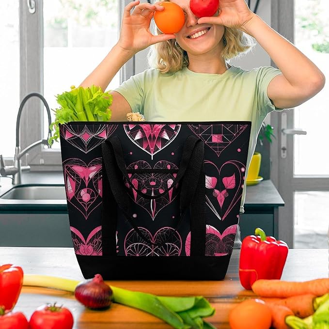 Insulated Shopping BagLarge Reusable Cooler Bags Different Designs of Heart Printed Foldable Shopping BagTravel Waterproof Shoulder Bag