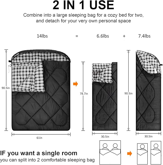 AGEMORE 0 Degree Double Sleeping Bag for Adults Cotton Flannel Lined 2 Person Queen Size Warm Sleeping Bag for Family Winter Camping or RV Traveling