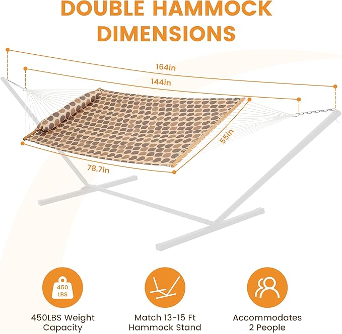 Lazy Daze Hammocks 12FT Quilted Fabric Hammock with Soft Pillow Double 2 Person Tree Hammock with Spreader Bar for Outside Patio Poolside Backyard Beach 450 lbs Capacity Amber Dots