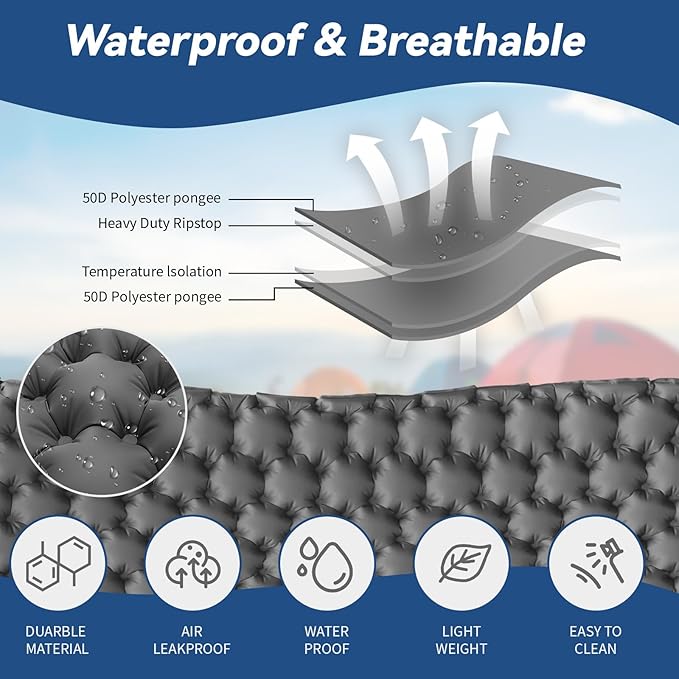 HiiPeak Double Sleeping Pad - Self Inflating 3 Extra-Thick for 2 Person with Pillow Built-in Foot Pump Inflatable Sleeping Mat for Backpacking Hiking Traveling Tent Portable Camping Mat (Gray)
