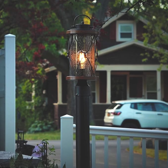 Inlight 17’’ High Farmhouse 1-Light Outdoor Post Mount LightClear Seeded Glass Shade and Meshed Metal Matte Black and Barnwood Finish Hardwired Lantern Head Bulb Not Included IN-0645-1-BK