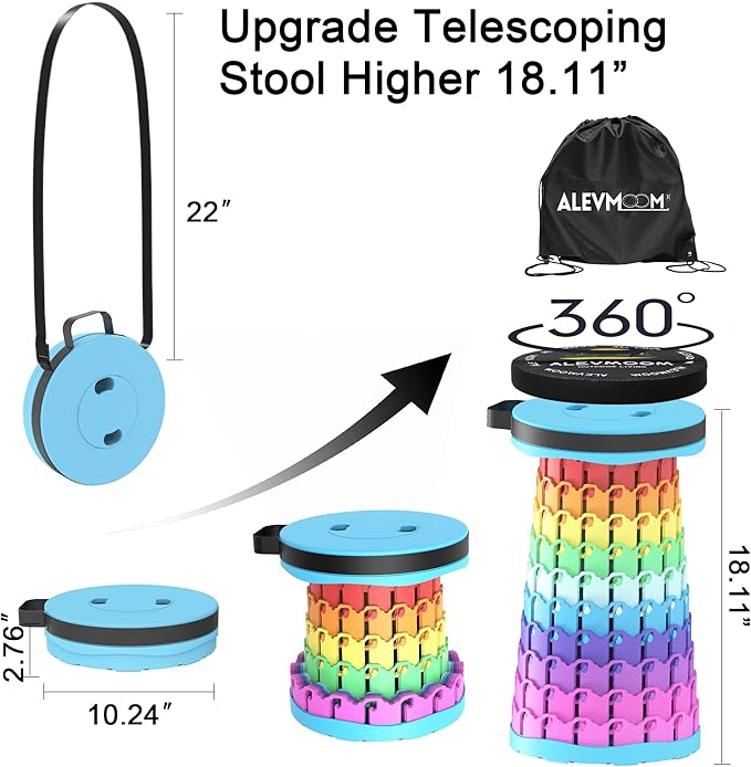 ALEVMOOM Upgraded Collapsible Stool with Cushion &amp Bag 18 H Portable Retractable Telescoping Folding Stool for Adults Lightweight But Sturdy Capacity 600 lbs for Camping Fishing Hiking Travel