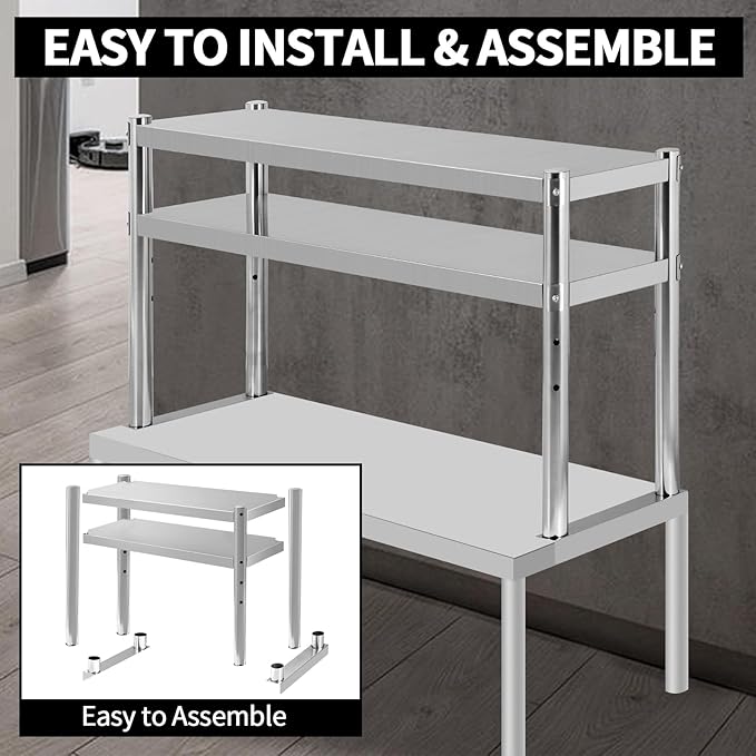 Stainless Steel Double Overshelf 48''L x 12''W Commercial 2 Tier Overshelf Height Adjustable Overshelf for Prep Work Table in Kitchen Restaurant