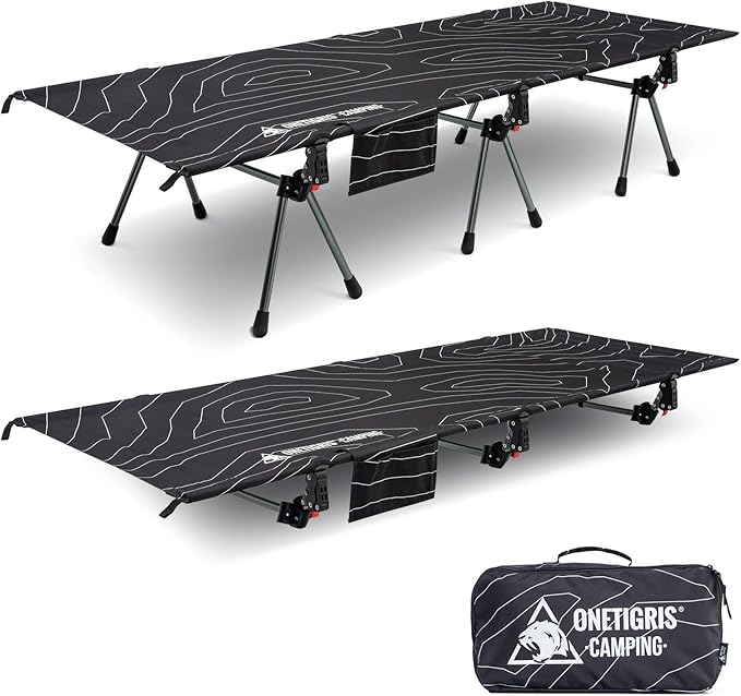 ONETIGRIS SUPRANUBIS Camping Cot Height Adjustable with Cot Leg Extenders Strong Support 330lbs Lightweight Comfortable Folding Bed for Camping Hiking Travel Truck Beach Office Nap