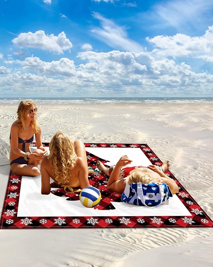Beach Blanket Waterproof Sandproof OversizedMerry Christmas Red Buffalo Check Tree Beach Mat with Corner Stakes Sand PocketsWinter Snowflake White Back Outdoor Picnic Mat for Travel 95x80In