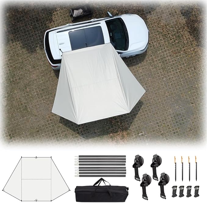 Car Side Awning Tent for Audi RS3 2011-2025 Sedan/Hatchback 5-Seater Oxford Fabric Camping Vehicle Side Sun Shelter Portable Tailgate ShelterOff White-2m Iron Rod Set