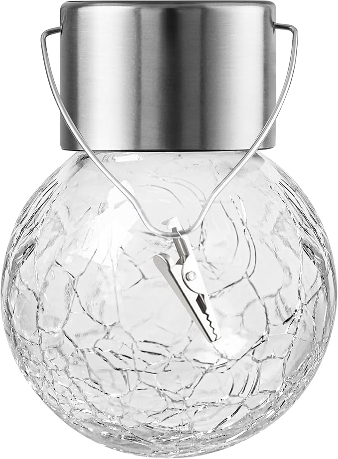 32 Pack Hanging Solar Lights Outdoor Decorative Waterproof Solar Globe Lantern with Handle and Clip Solar Powered Cracked Glass Ball Lights for Garden Yard Patio Fence Tree Umbrella Holiday Décor