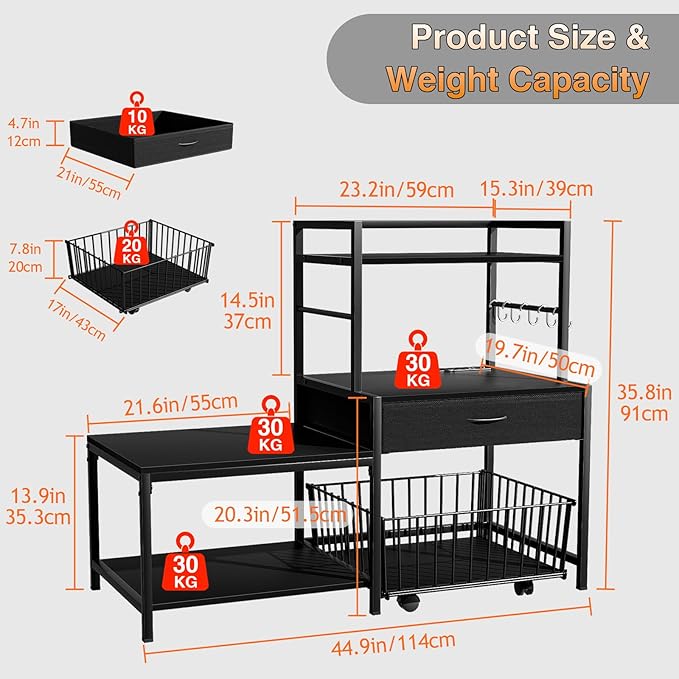Bakers Rack with Mini Fridge Stand &amp Microwave Shelf – Coffee Bar with Drawer Rolling Basket Storage &amp Hooks – Heavy Duty Kitchen Organizer for Apartments Dorms &amp Living Rooms Black