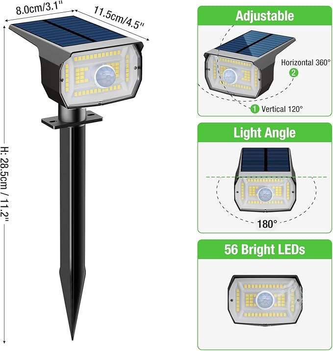 nipify Solar Spot Lights Outdoor Motion Sensor with 3 Modes [ 12 Pack/56 LED ] Solar Spotlights Outdoor Waterproof 2-in-1 Auto On/Off Landscape Lighting for Outside Yard Wall Garden PathCool White