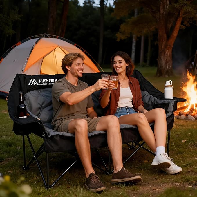 Double Camping Chair Oversized Padded Camping Chairs for Adults Folding Loveseat with Cup Holders and Side Pockets Heavy Duty Outdoor Lawn Chairs for CampingSports FishingBeachBlack