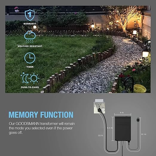 GOODSMANN Low Voltage Transformer 300 Watt with Timer Photo Eye Sensor and Weather Shield for Outdoor Lighting Metal Transformer 120V AC to 12V AC 9920-0300-01