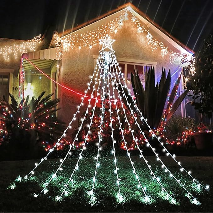 Aokudoni Christmas Decorations Outside 12.6FT 350 LED 8 Modes Star Christmas Lights Outdoor for House Yard Porch Holiday Decoration Cool White