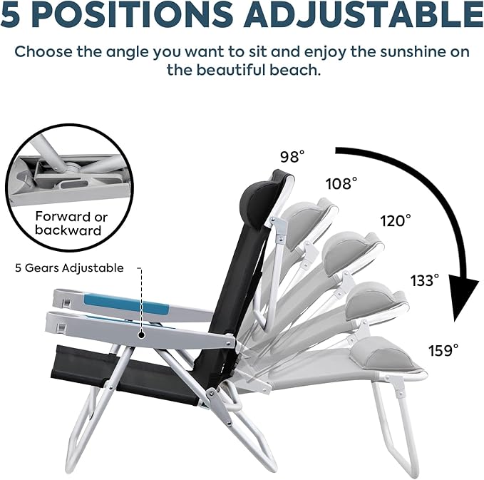 ICECO Backpacking Beach Chairs for Adults 5 Positions Reclining Chair Heavy Duty Folding Chairs Portable Lay Flat Outdoor Chair with Cup Holder for Beach Camping Lawn 350lb Capacity