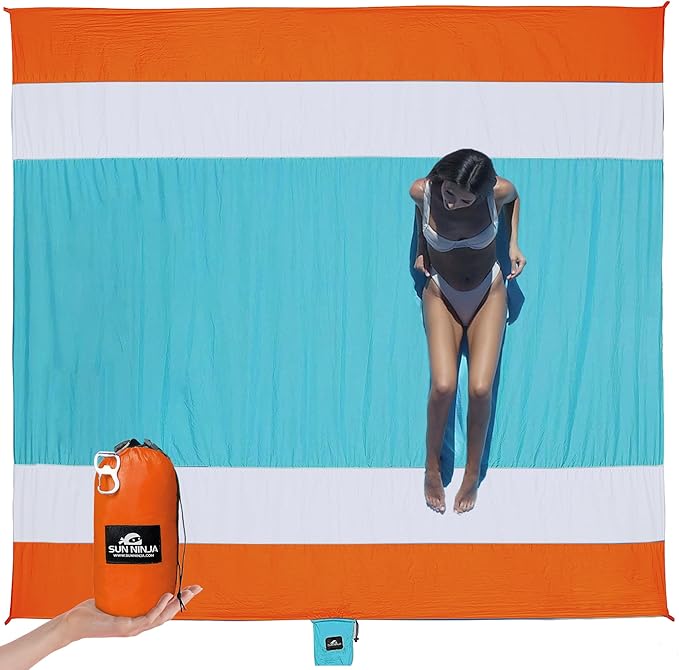 SUN NINJA Sand Proof Beach Blanket - Sand Free Beach Mat Lightweight &amp Quick Dry Beach Essentials with Travel Bag Giant Beach Blanket (10'x9') Perfect for Outdoors Picnic Camping &amp Travel