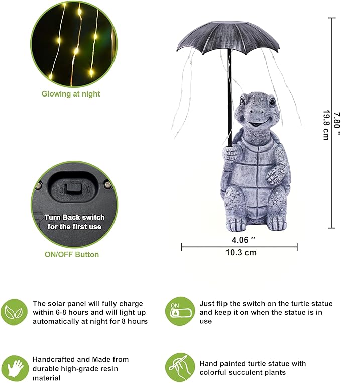 Nacome Solar Turtle Garden Decor Outdoor Statues: Holding Umbrella with String Lights Patio Yard Lawn Outside Decorations - Birthday Gifts for Mom Grandma Women Sister(Grey)