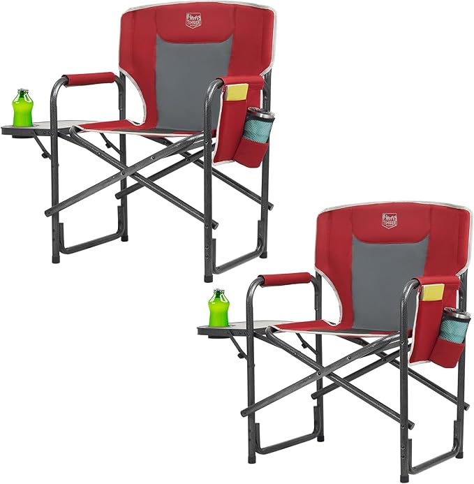 TIMBER RIDGE Lightweight Oversized Camping Chair Aluminum Directors Chair with Side Table for Outdoor Camping Lawn Picnic and Fishing Supports 400lbs Red 2PCS