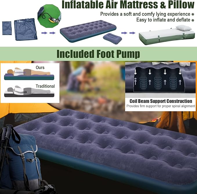 Goplus Camping Tent Cot 5-in-1 Folding Camping Bed with Awning Air Mattress Sleeping Bag Bedspread Off Ground Elevated 1-2 Person Cot Tent with Carrying Bag Air Pump for Camping Picnic Outdoor