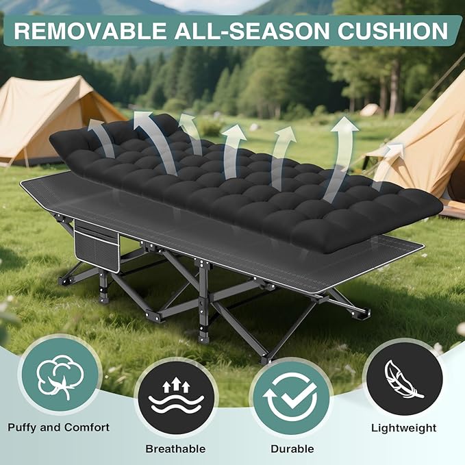 ZENPETIO Camping Cot for Adults Heavy-Duty Portable Cot Bed with Mattress Foldable Padded Sleeping Cots for Camping Travel Tent Day Bed Outdoor &amp Home Guest Max Load 500 LBS 75x28x15”