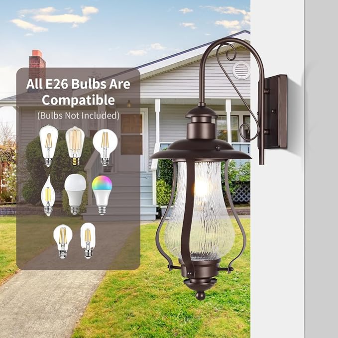 Treekee Outdoor Wall Light Fixture Vintage Wall Exterior Lantern with E26 Socket &amp Wood Grain Glass Matte Brown Rustic Wall Sconce Farmhouse Porch Lamp for Patio Garage Yard Front Door