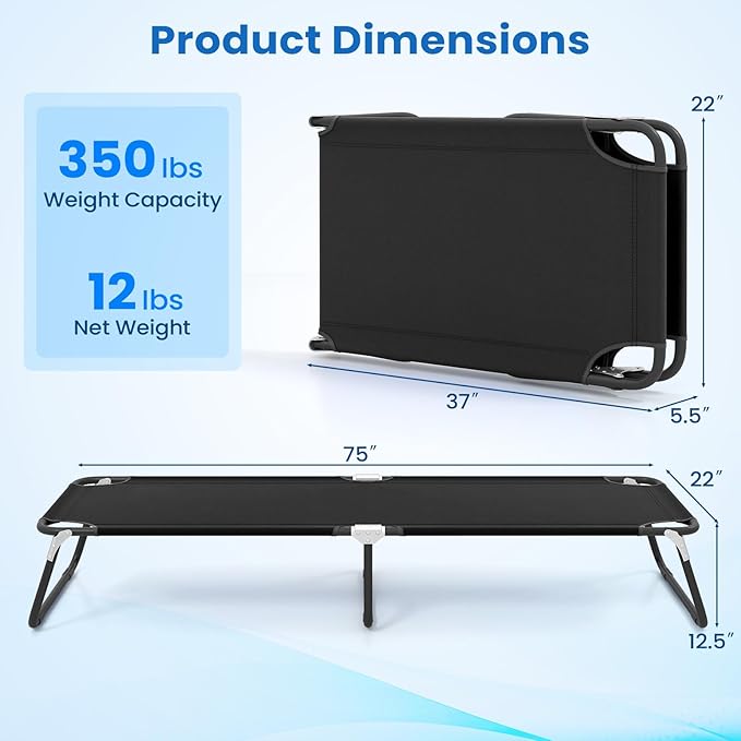 GYMAX Folding Camping Cot Portable Ultralight Compact Sleeping Cot Bed for Adults with Oxford Fabric for Outdoor Travel Backpacking Hiking Patio Home Office 330LBS (1 Black)