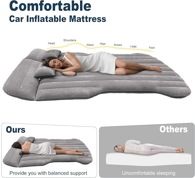 Car Air Mattress - Inflatable Camping Bed Compatible with Tesla Model Y Thickened Flocked AirBed for Trunk/Backseat/Sedan/SUV/RV Sleeping Pad with Pump and 2 Pillows for Camping Travel Outdoor Grey