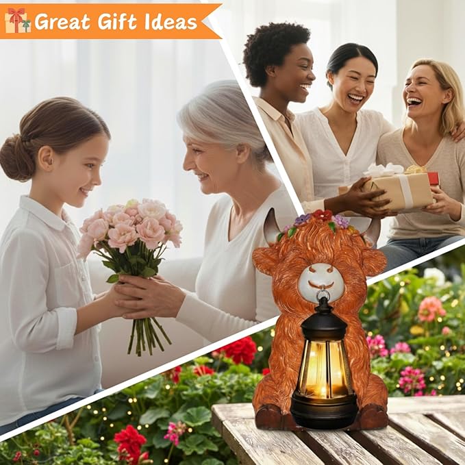 Garden Statues Highland Cow with Solar Lantern Outdoor Highland Cow Figurines Decorations for Patio Yard Lawn Ornaments Gifts for Mom/Grandma Birthday Housewarming