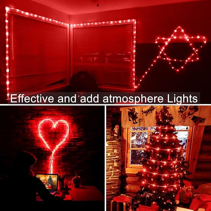 QITONG Red Solar Rope Lights Outdoor 2 Pack Each 33ft 100LED String Light 8 Modes Fairy Lights in Clear Thin Tube with 8 Modes
