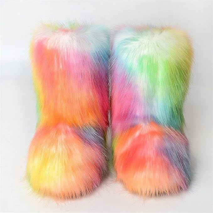 Womens Furry Faux Fur Booties Winter Warm Snow Ankle Boots Fuzzy Fluffy Furry Mid Calf Boots Outdoor Comfy Flat Shoes