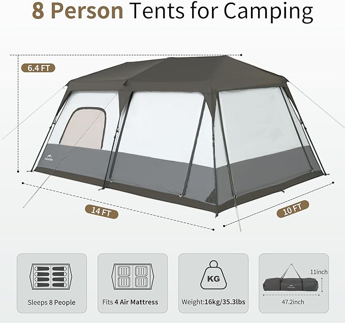 Naturehike Cape 4/6/8 Person Camping Tent 60S Easy Setup Instant Tent Pop up Tent Waterproof Large Tall 6/8 Person Tents for Camping Car Camping