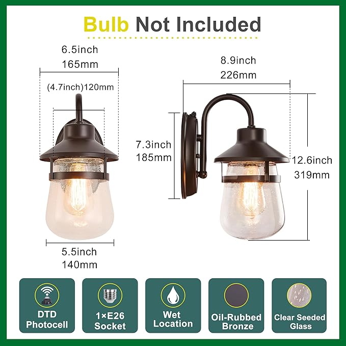 Updated Dusk to Dawn 1-Light Outdoor Wall SconceWaterproof &amp Rust-Proof and Sturdy Metal Lamp Body in Oil Rubbed Bronze Fully Sealed Clear Seeded Glass ShadeBulb Not Included