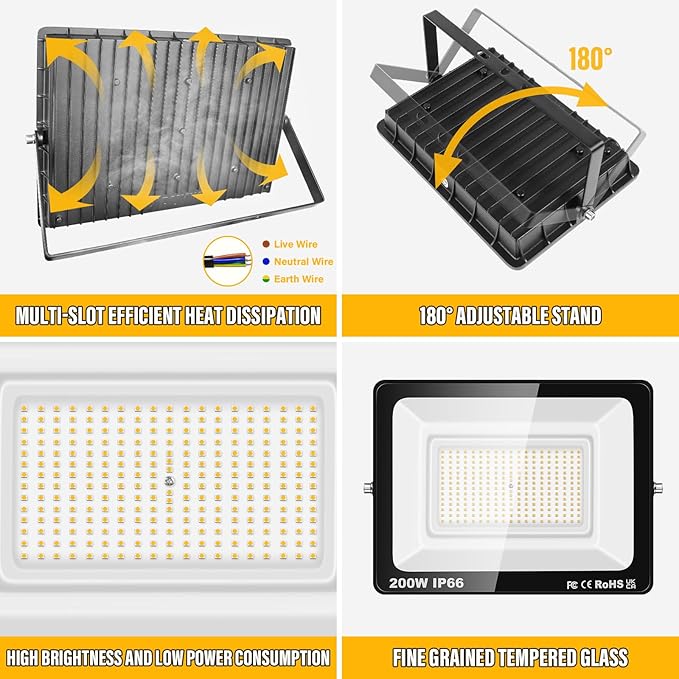 Willpower 2pcs Outdoor LED Floodlights 200W 20000LM LED Security Lights IP66 Waterproof 100V-250V Daylight Warm White 4000K Wall Light for Garden Garage Back Door Yard Lawn Court Patio