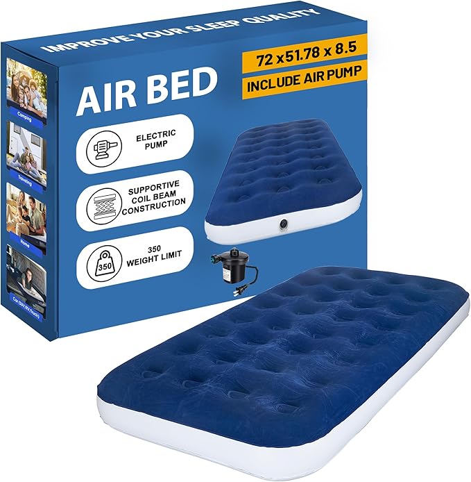 Greaton 8.5-Inch Durable Luxury Inflatable Air Mattress with Comfort Coil Technology and High Capacity Pump Good for Camping Home and Portable Travel Queen Blue
