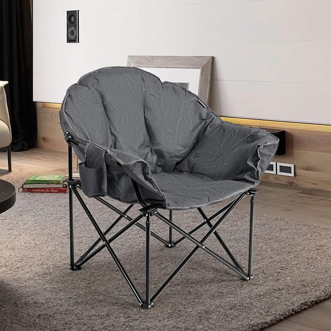 S AFSTAR 2 Packs Oversized Camping Chair Cushion Padded Moon Round Saucer Chair w/Cup Holder &amp Carry Bag Portable Camp Chair Outdoor Folding Chair for Patio Beach Picnic (Grey)
