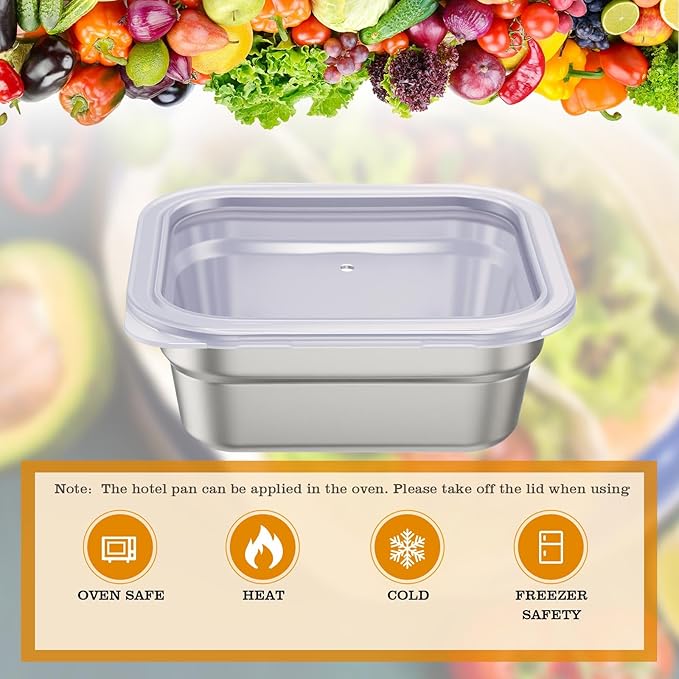 8 Pcs 1/6 Size Hotel Steam Table Pans with Lids Stainless Steel Food Containers and PP Plastic Covers Anti-clogging Steamer Pans for Buffet Catering Restaurant and Food Prep (2.5 Deep)