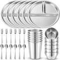 Jinei 30 Pcs Stainless Steel Dishes Set 6 Stainless Steel Plates 6 Bowls 6 Cups 6 Spoons 6 Forks Dishwasher Safe Durable Dining Set for Home Travel Camping (Tableware)