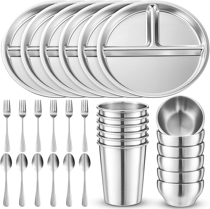 Jinei 30 Pcs Stainless Steel Dishes Set 6 Stainless Steel Plates 6 Bowls 6 Cups 6 Spoons 6 Forks Dishwasher Safe Durable Dining Set for Home Travel Camping (Tableware)