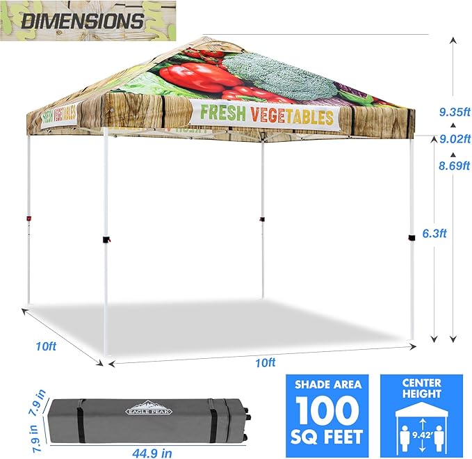 EAGLE PEAK Pop Up Canopy Tent with Wheeled Carry Bag 8 Stakes 4 Ropes 4 Weight Bags Easy Set Up Tent Canopy 10x10 ft 100sqft of Shade Vegetable Stand