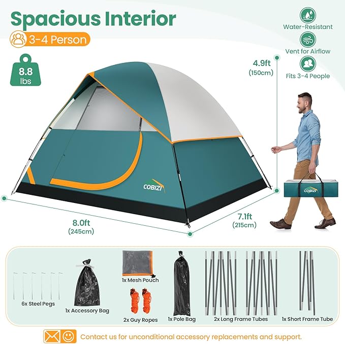 COBIZI Camping Tent 4 Person Easy Setup Waterproof Windproof Backpacking Tent with Removable Rainfly Lightweight Portable Outdoor Family Tents for Camping Travel Fishing Hiking Scouts (Green)