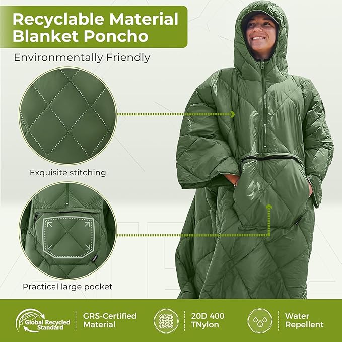 ATEPA Wearable Sleeping Bag Recycled Warm Winter Camping Blanket Wearable Poncho for Outdoor Stadium Sports Women Men