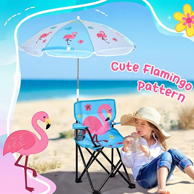Outdoor Toddler Camping Chair with Umbrella Foldable Beach Chairs with Safety Lock for Kids Waterproof Lawn Kids Folding Chair for Outside Beach Travel(Flamingo)