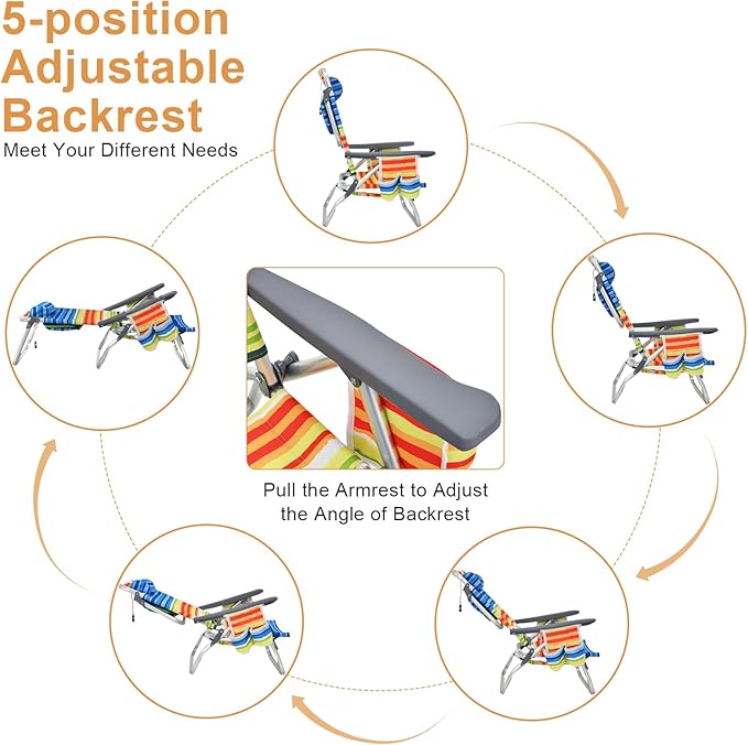 GYMAX Beach Chairs Backpack Camping Chair with Armrest Cooler Bag Cup Holder Towel Bar &amp Side Pockets Sunbath Sling Tanning Lounge Folding Layout Chair (4 Chairs Without Table Yellow Stripe