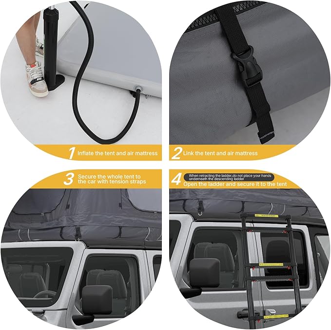 CDEN Inflatable Rooftop Tent SUV Truck Bed Tent 2-3 Person Pop-Up Car Roof Top Tent Overland Tents with Air Mattress Ladder Rainfly Pump for Camping Outdoor Travel