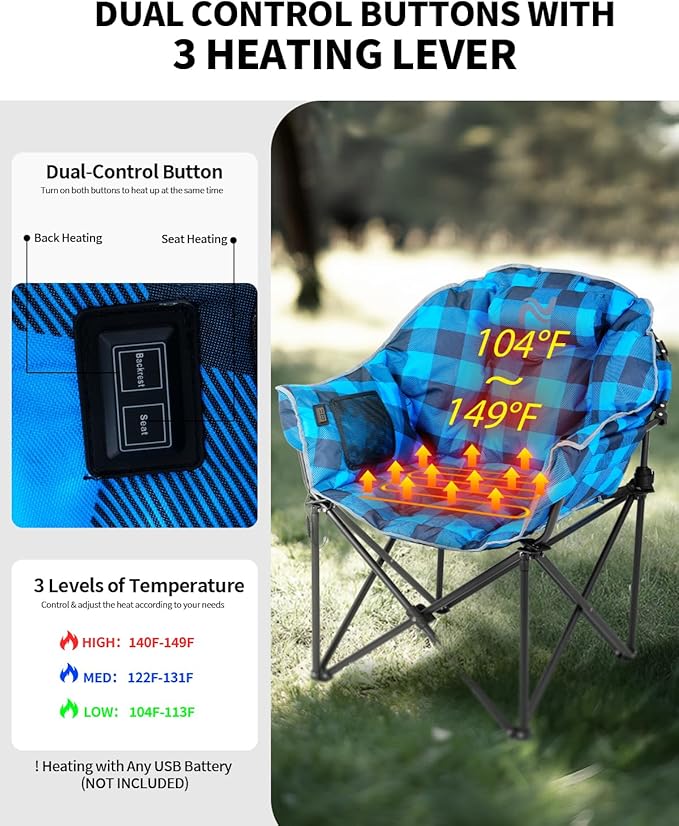 NAIZEA Heated Camping Chair Oversized Heated Folding Outdoor Chair for Adults with 3 Heat Levels Portable Foldable Patio Lounge Chair for Sports Outdoors Camp Battery NOT Included