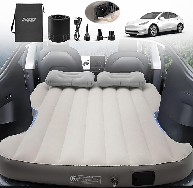 Shademax Self-Inflating Car Air Mattress for Model Y 2025 2024-2020 / Model Y Juniper 2026 Accessories Outdoor Camping Air Bed with 2 Pillows Built-in Pump Air Couch Flocking Air Cushion (Beige&ampGr