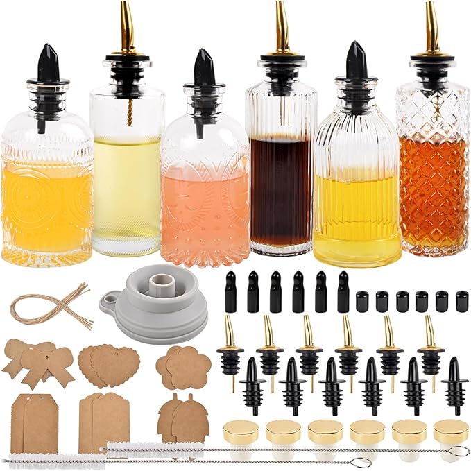 ChezMax Syrup Dispenser Bottles Set of 6 Simple Syrup Bottle for Coffee Bar Accessories 5oz &amp 7oz Glass Coffee Syrup Dispenser Syrup Containers for Maple Honey Syrup Oil Metal Pour Spouts &amp