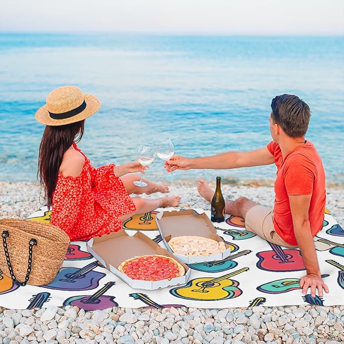 Waterproof Sandproof Beach Blanket 59''×68'' Colored Guitar Polyester Outdoor Picnic Blanket with 4 Stakes &amp Storage Bag for BeachCampingVacation White