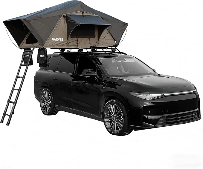 Garvee Rooftop Tent Soft Shell Easy Setup Roof Top Tent with Telescopic Ladder &amp LED Light Waterproof UV Resistant 4-Season Design for 2-3 Person Camping on Truck SUV Van Trailer