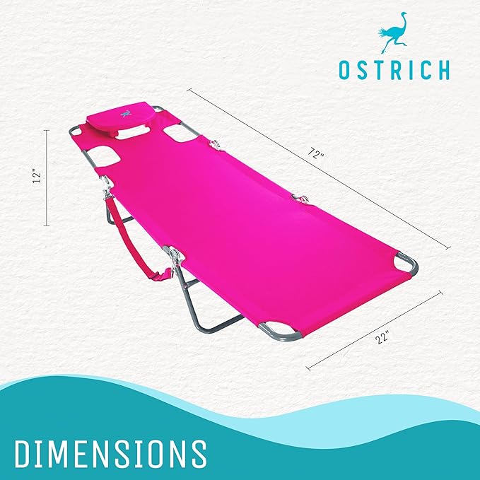 Ostrich Portable Deluxe 3-in-1 Padded Sports Chair w/5 Positions and Footrest &amp Chaise Lounge Folding Steel Frame Beach Chair w/4 Positions Pink