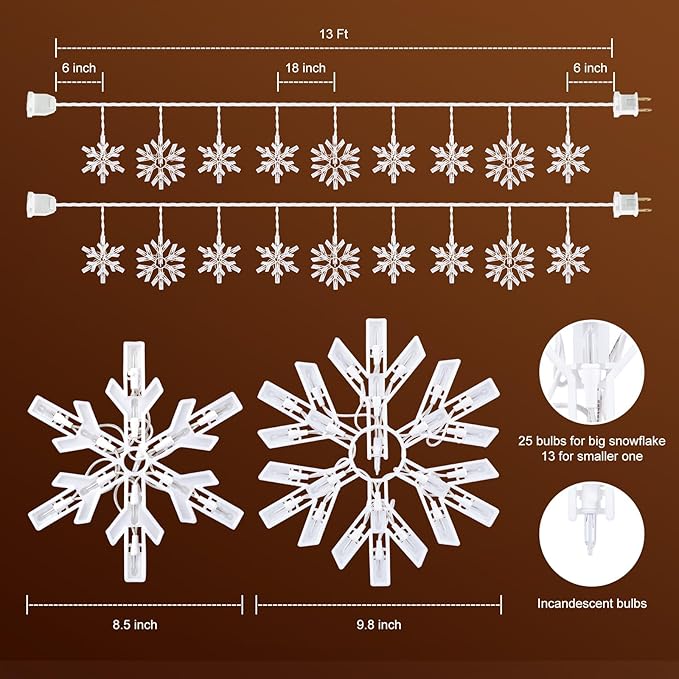 Snowflake Christmas String Lights with 9 Drops - 13ft 150 Mini Bulb Icicle Lights with Hooks Plug-in Connectable Hanging Lights for Christmas Home Indoor Outdoor Party Wedding Holiday Décor 2 Pack