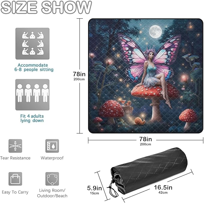 Fairy Mushroom Blue Picnic Blanket Waterproof Camping Rug Large Picnic Blankets Outdoor Beach Blanket Mat for Family Vacation Accessories 79''x79''